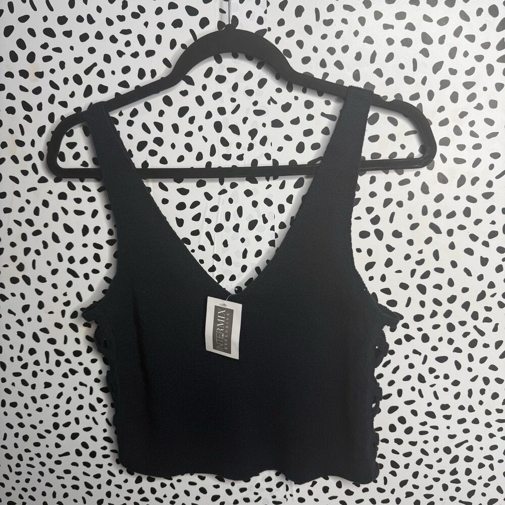 Intermix Cropped Knitted Top in Navy Blue Small Linen Cotton Blend